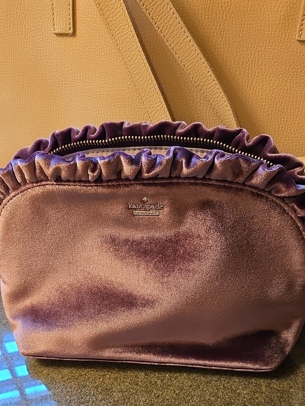 Kate Spade Marcy Velvet Ruffle Cosmetic Pouch in DAeep Plum